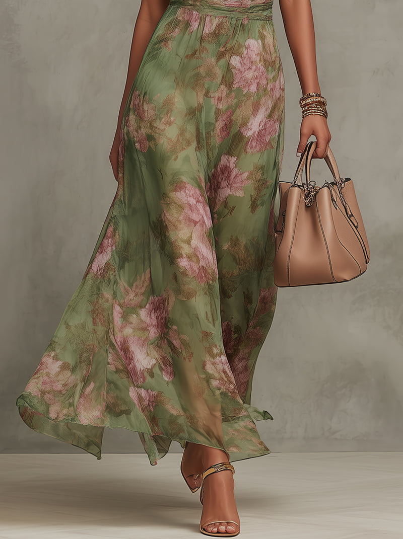 Florenz | Vestido Maxi Halter de Chiffon Floral Verde