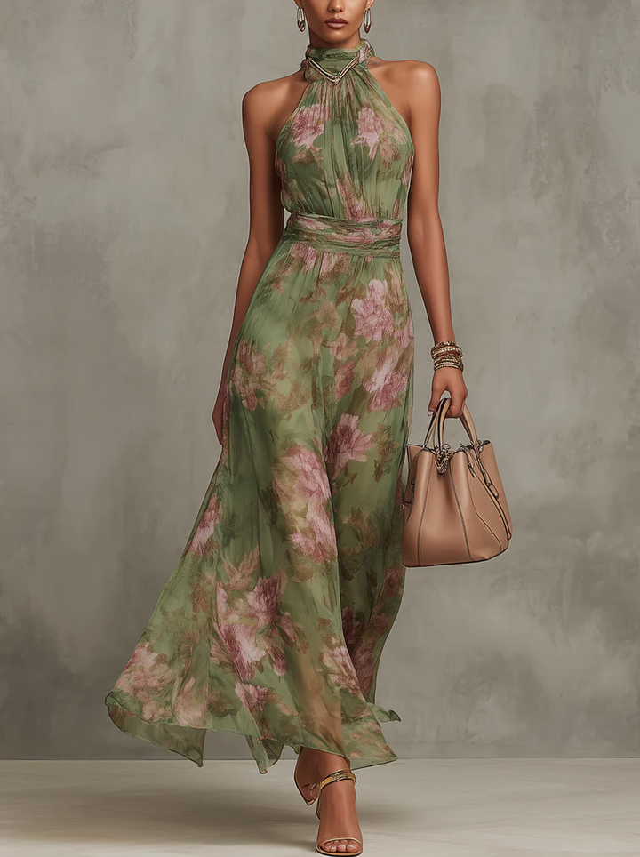 Florença | Vestido Maxi Halter em Chiffon Floral Verde