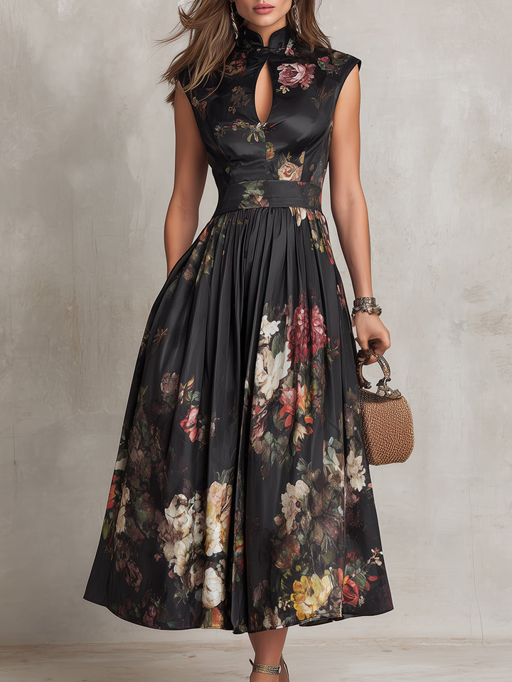 Patricia | Vestido Midi de Saten com Flores Pretas