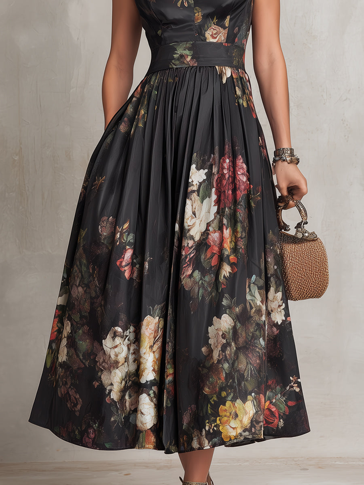 Patricia | Vestido Midi de Satin com Flores Pretas