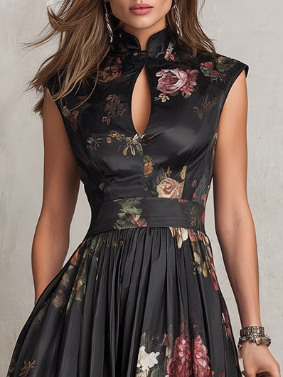 Patricia | Vestido Midi de Saten com Flores Pretas