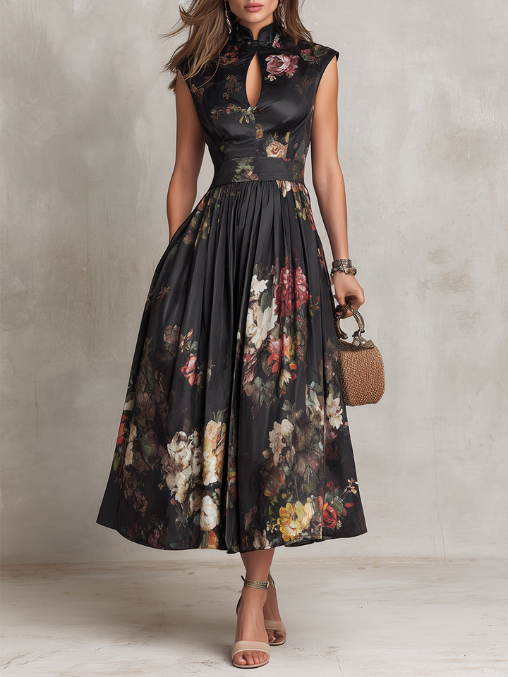 Patricia | Vestido Midi de Saten com Flores Pretas
