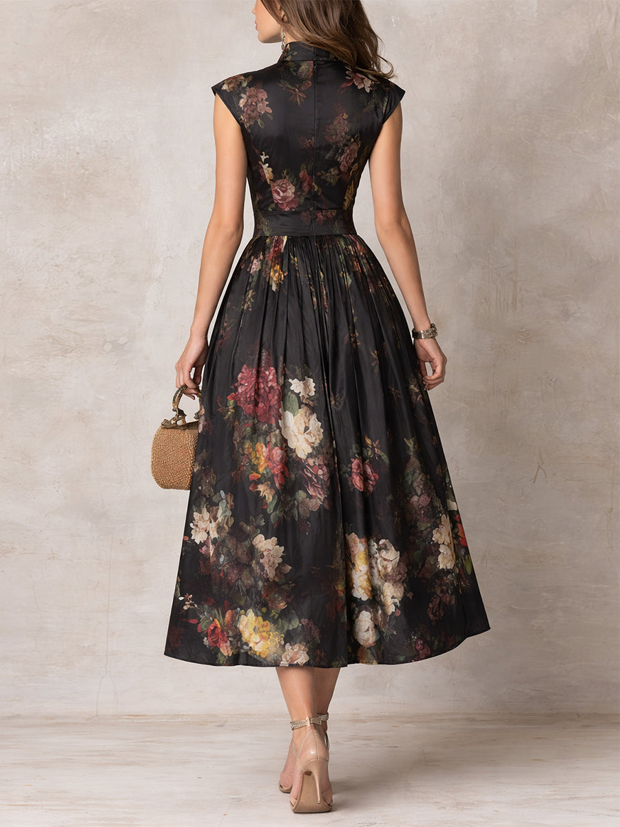 Patricia | Vestido Midi de Saten com Flores Pretas