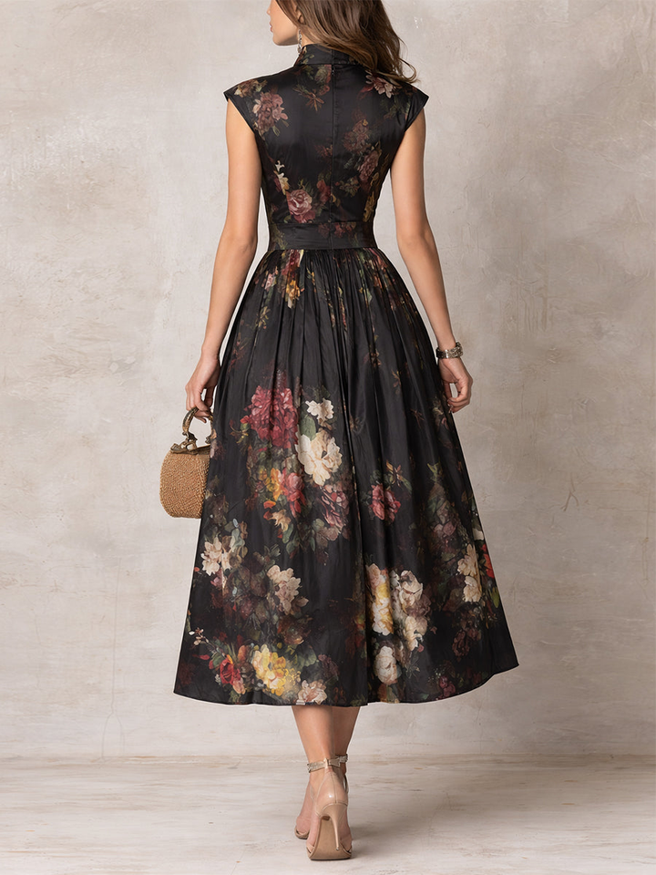 Patricia | Vestido Midi de Saten com Flores Pretas