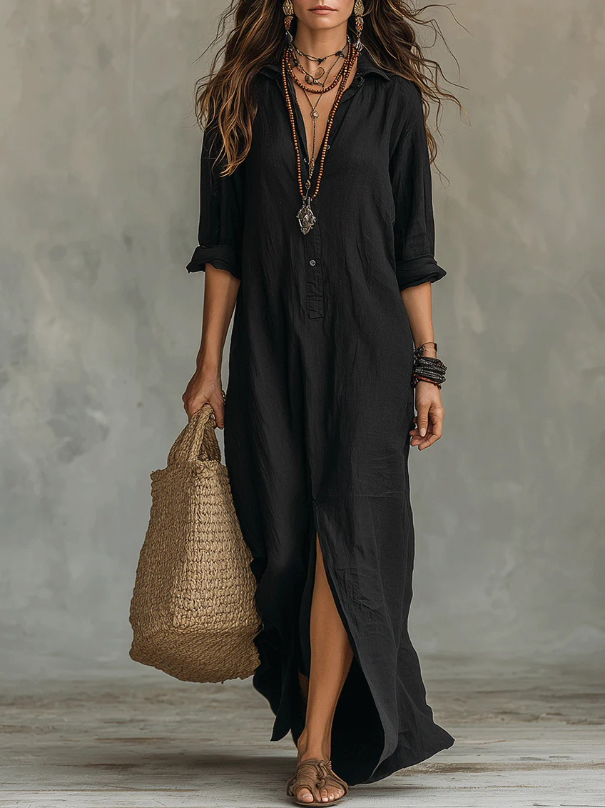 Soline™ | Vestido Maxi Verde com Caimento Solto e Botões