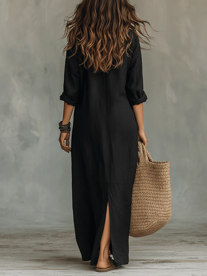 Soline™ | Vestido Maxi Verde com Caimento Solto e Botões