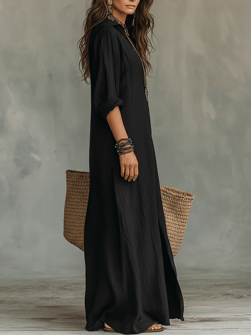 Soline™ | Vestido Maxi Verde com Caimento Solto e Botões