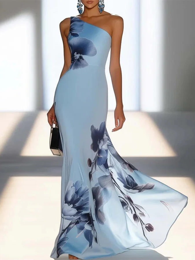 Victoria | Vestido Maxi Off-Shoulder em Tecido Satin Ink