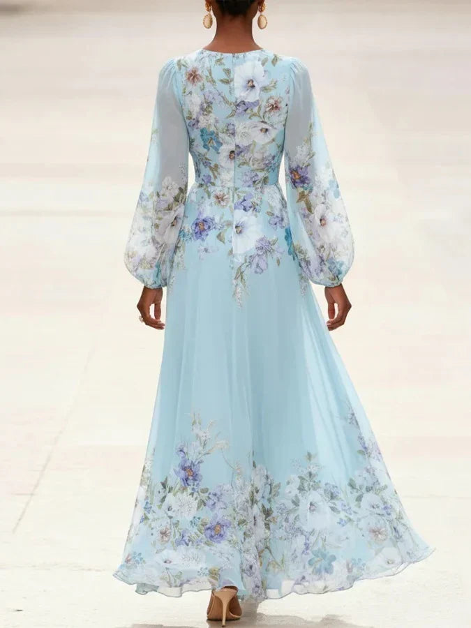 Mia | Vestido Maxí de Chiffon Floral em Azul Claro com Decote em V
