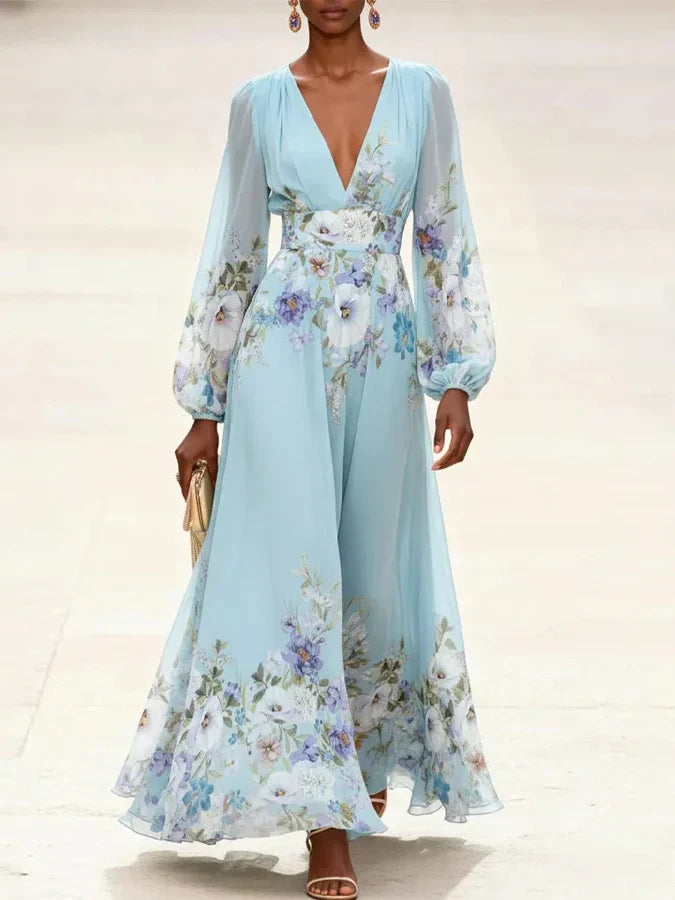 Mia | Vestido Maxí de Chiffon Floral em Azul Claro com Decote em V