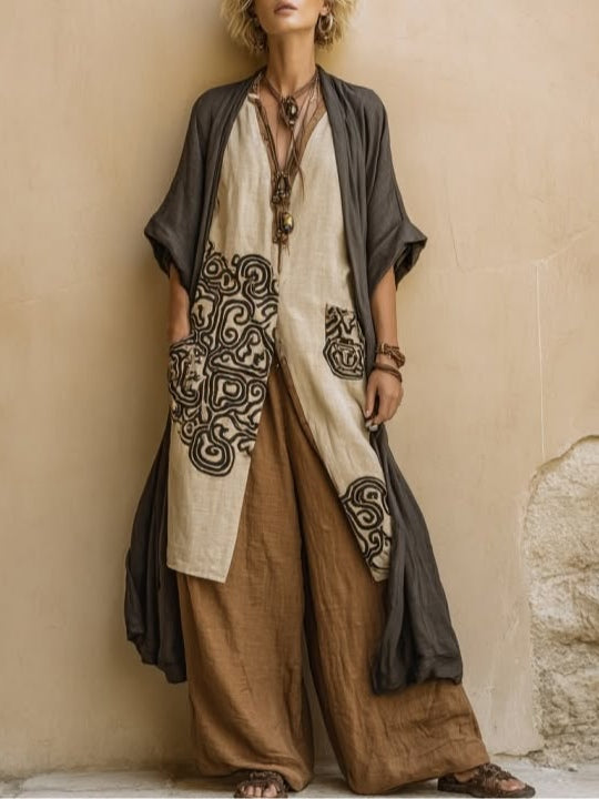 Sophie | Cinza Escuro & Castanho Tribal-Print Conjunto de Três Peças