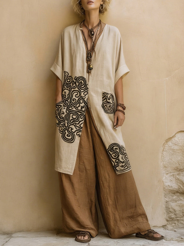 Sophie | Cinza Escuro & Castanho Tribal-Print Conjunto de Três Peças