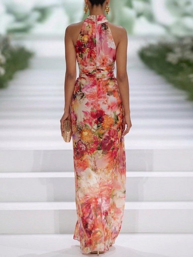 Fae | Vestido Maxi Sem Mangas em Chiffon Floral Vermelho