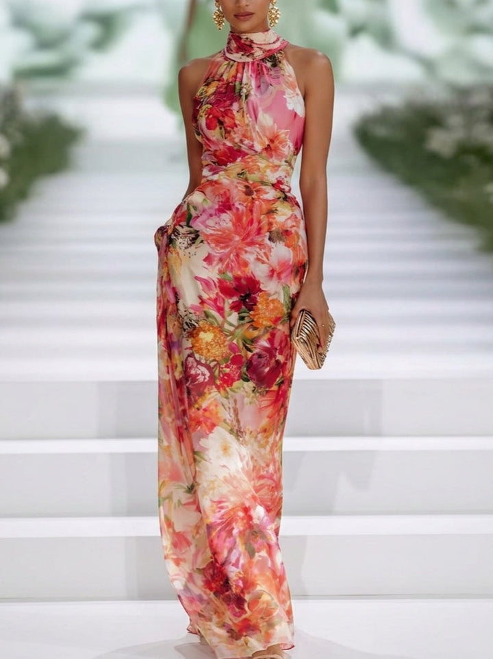 Fae | Vestido Maxi Sem Mangas de Chiffon Floral Vermelho