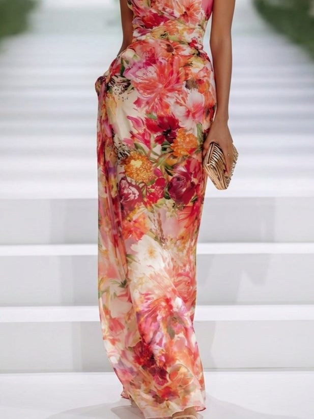 Fae | Vestido Maxi Sem Mangas de Chiffon Floral Vermelho