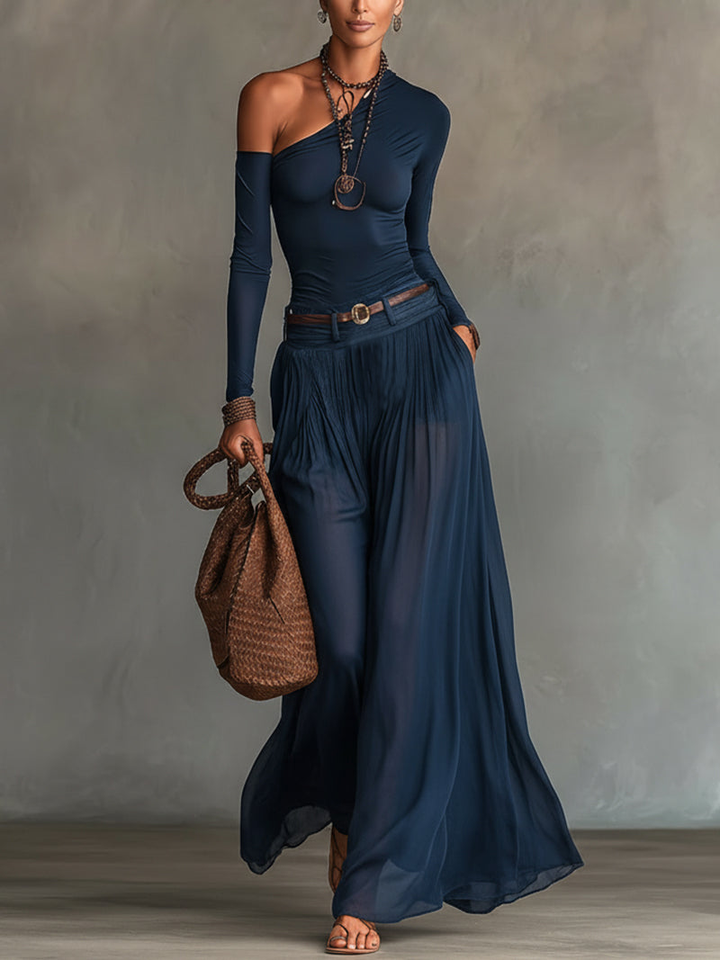 Lore | Conjunto de Top de Um Ombro e Saia em Azul Marinho