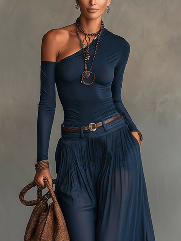 Lore | Conjunto de Top de Um Ombro e Saia em Azul Marinho