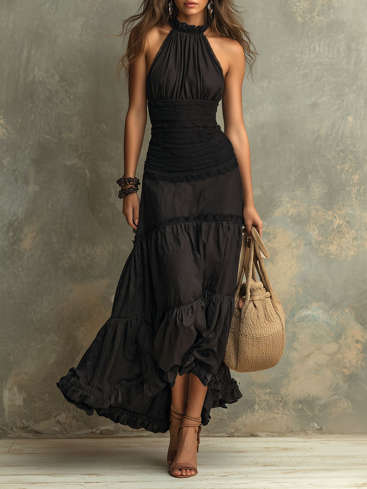 Susie | Vestido Maxí Boémio com Gola Alta e Rendas