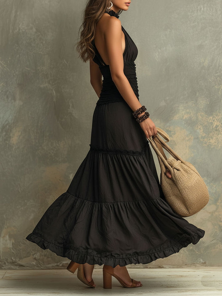 Susie | Vestido Maxi Boémio com Gola Alta e Rendas