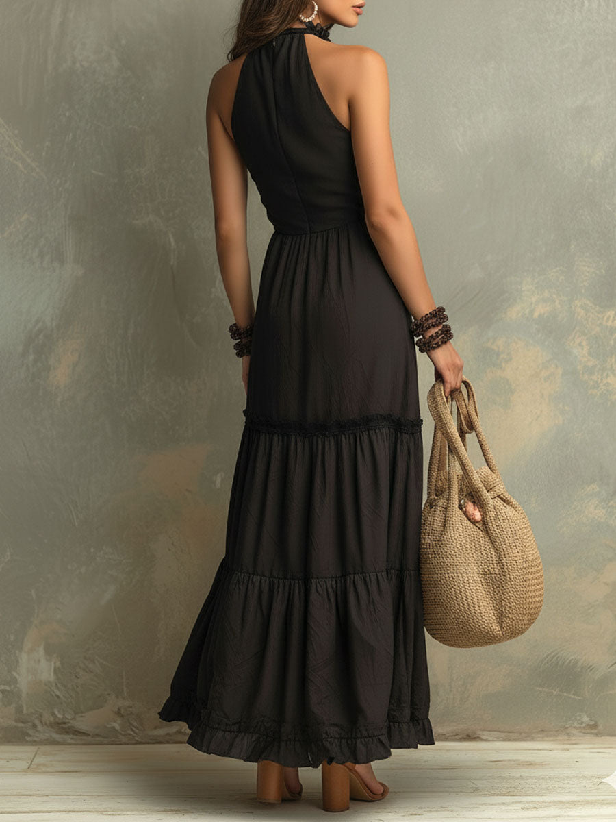Susie | Vestido Maxi Boémio com Gola Alta e Rendas