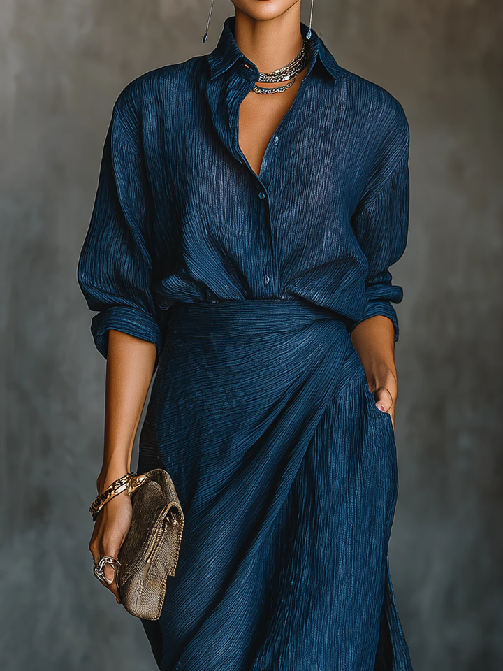 Jenny | Conjunto de Camisa de Mistura Azul Elegante e Saia Longa