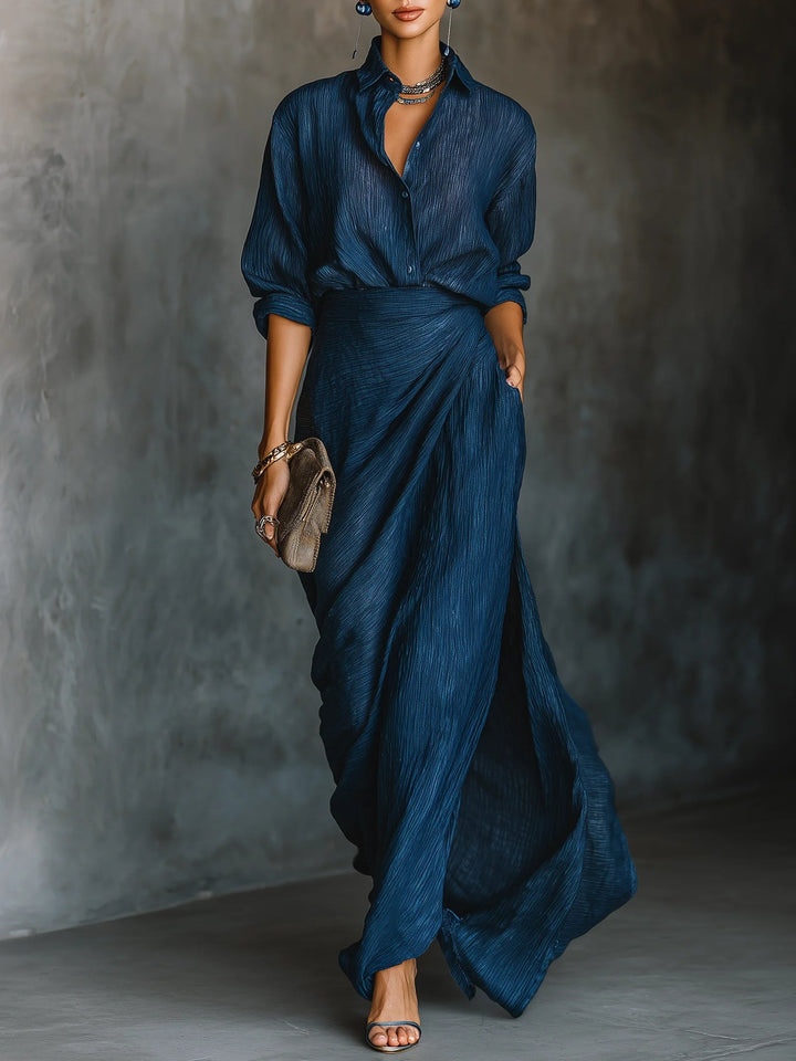 Jenny | Elegante Camisa de Mistura Azul com Saia Longa