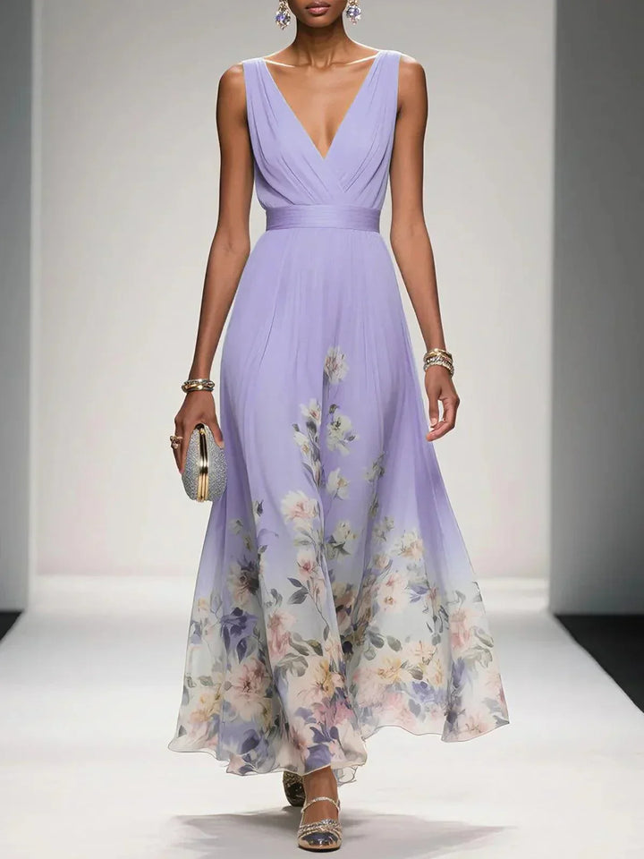 Rosa | Vestido Maxie de Chiffon Floral em Azul Claro com Decote em V