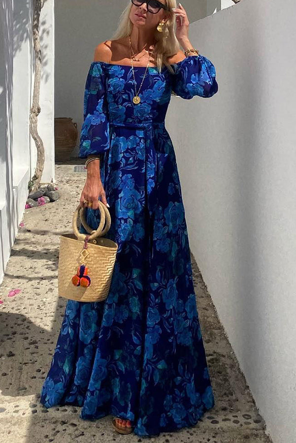 Francesca - Vestido longo com padrão floral e mangas à mostra