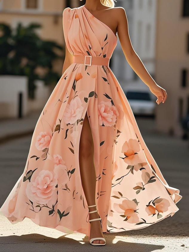 Julie | Vestido Maxi de Chiffon Floral Verde Claro de Uma Só Manga