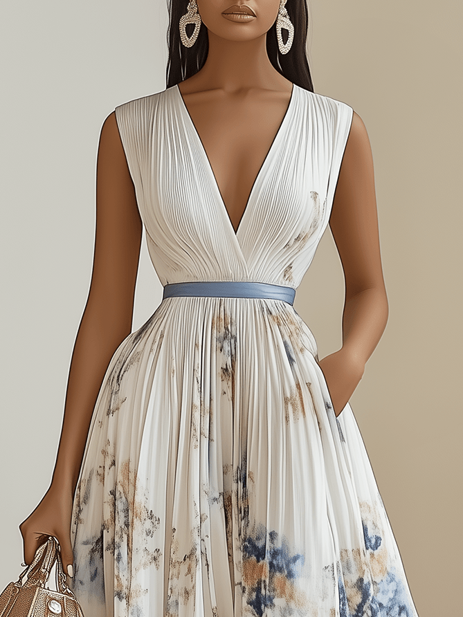 Chloe | Vestido Midi Plissado em Chiffon Floral Branco com Decote em V