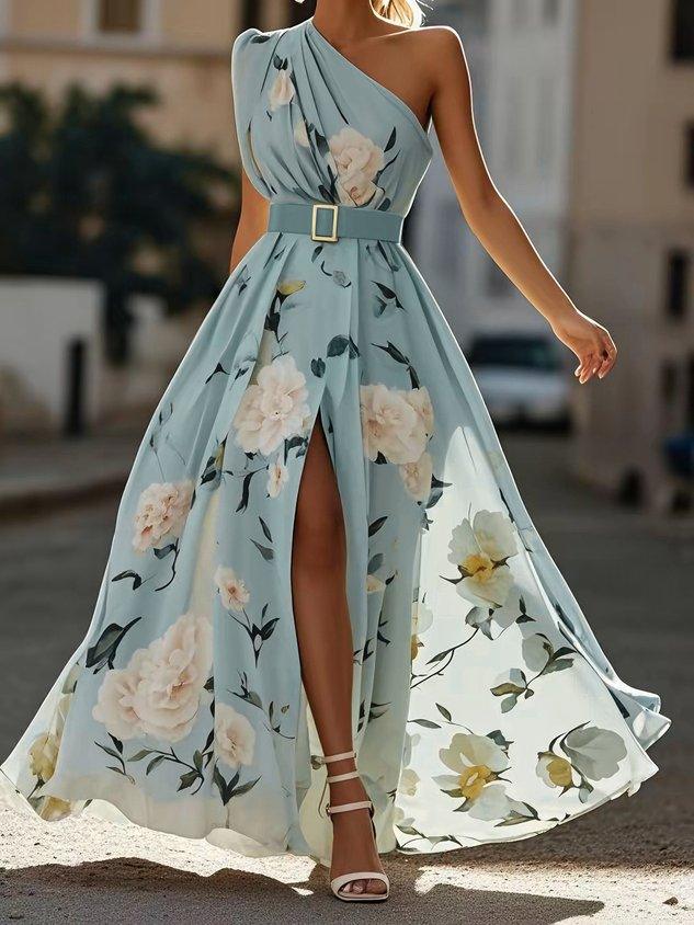 Julie | Vestido Maxi de Chiffon Floral Verde Claro de Uma Só Manga