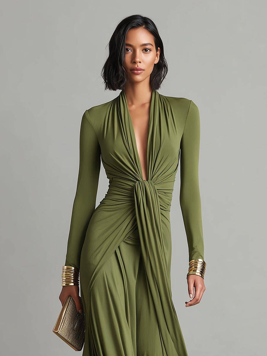 Vestido Maxi de Seda Verde Oliva com Decote em V
