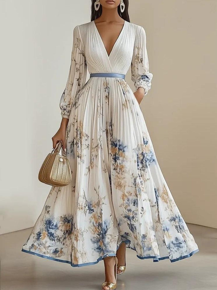 Amalia | Vestido Maxis de Chiffon Floral Branco com Mangas Balão