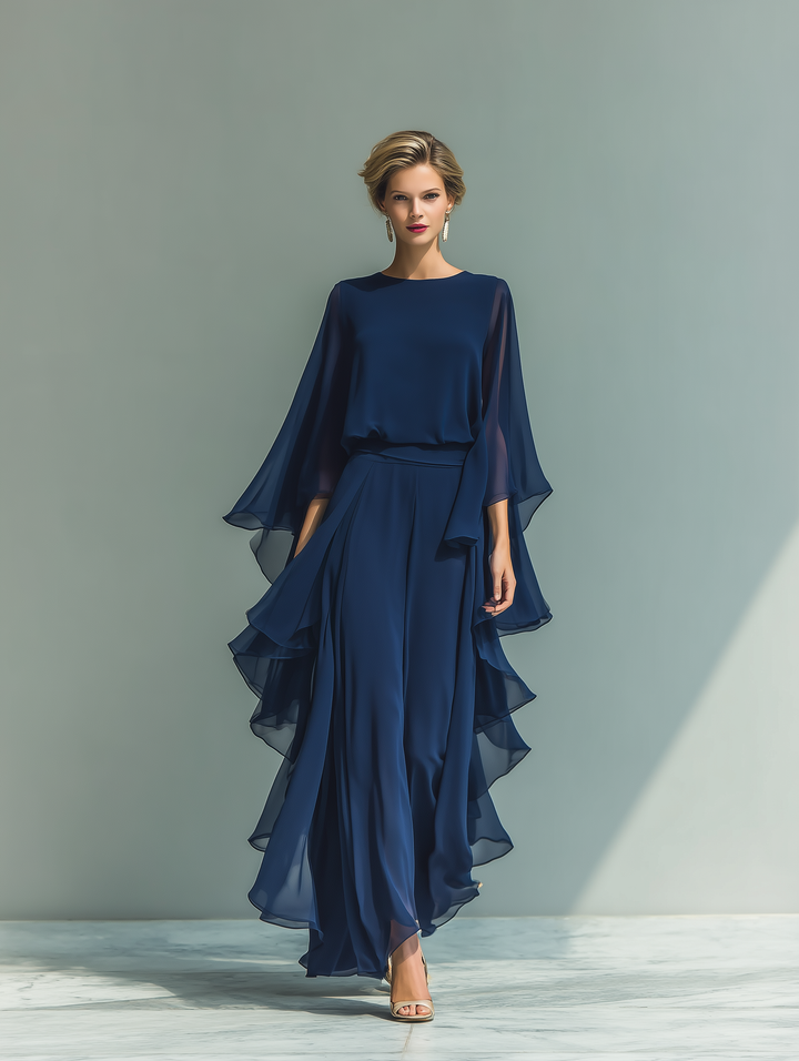Conjunto de Chiffon Azul Marinho com Rendas