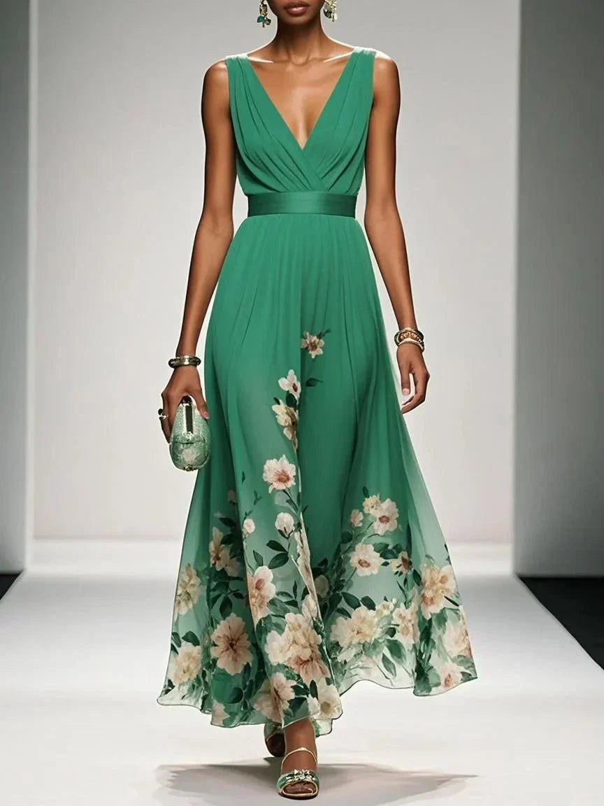 Rosa | Vestido Maxie de Chiffon Floral em Azul Claro com Decote em V