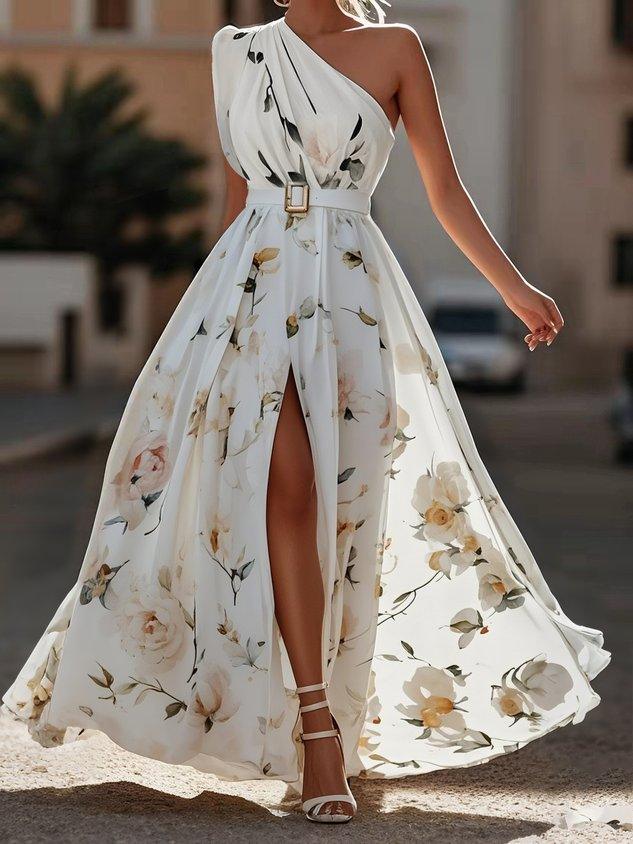 Julie | Vestido Maxi de Chiffon Floral Verde Claro de Uma Só Manga