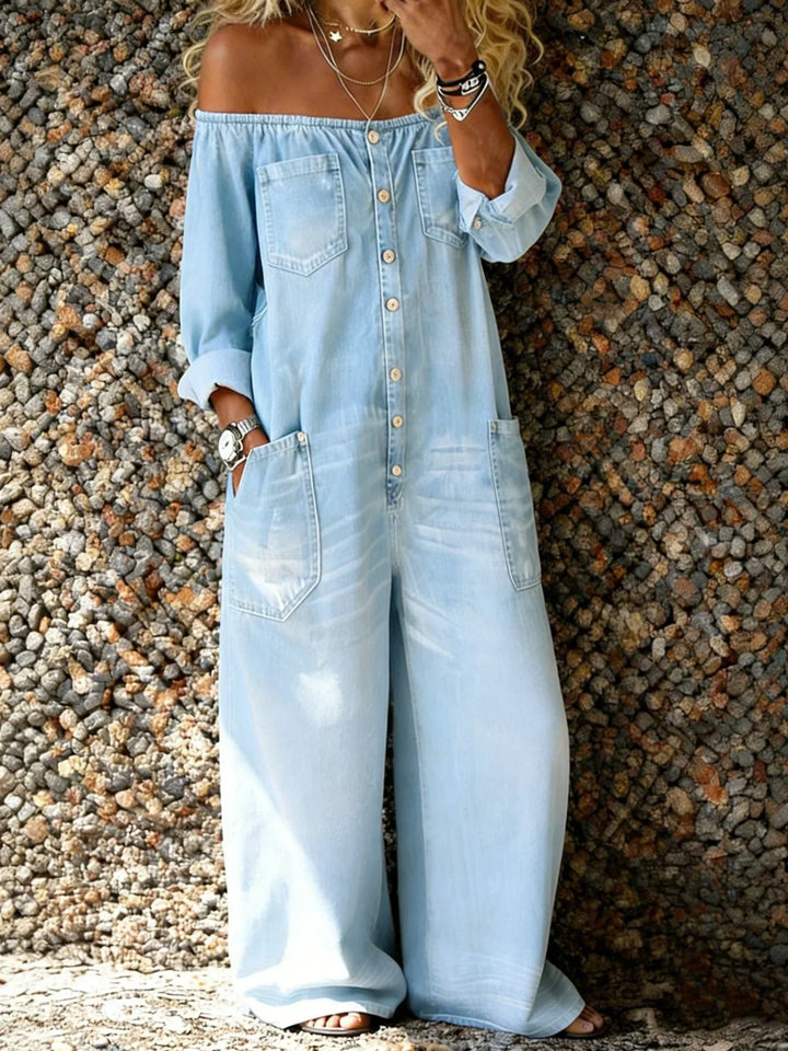 Veda - Macacão de Denim Off-Shoulder com Corte Solto