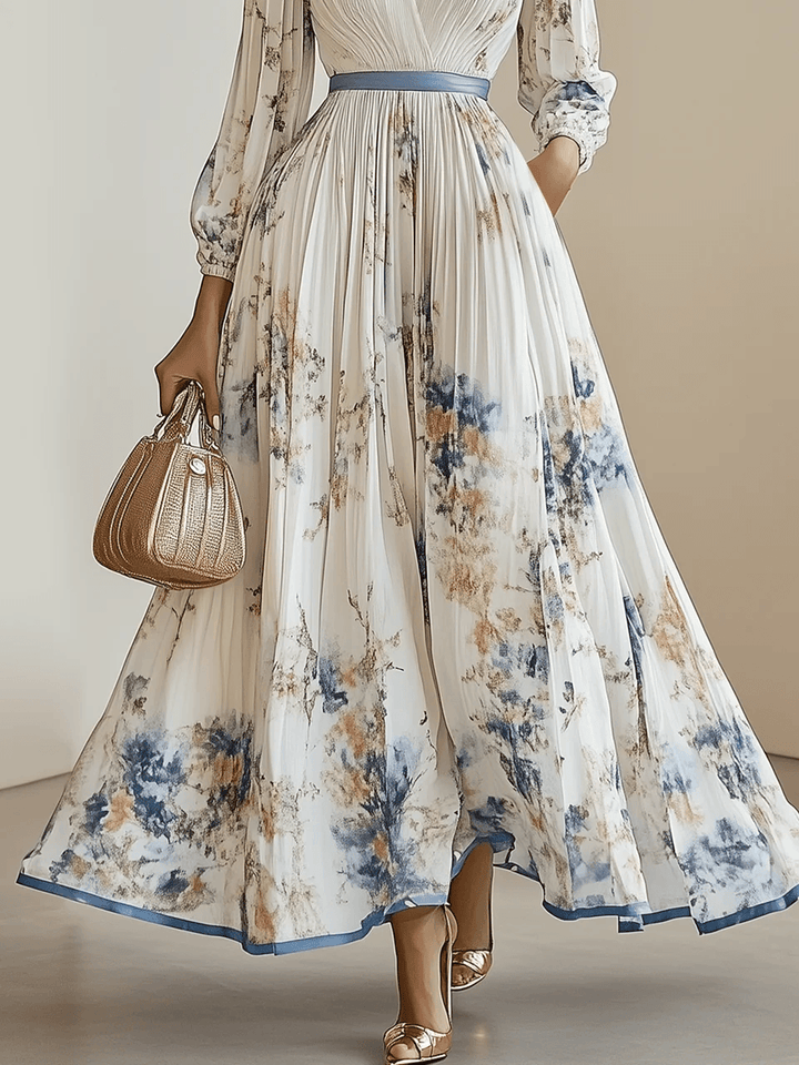 Amalia | Vestido Maxi de Chiffon Floral Branco com Mangas Balão