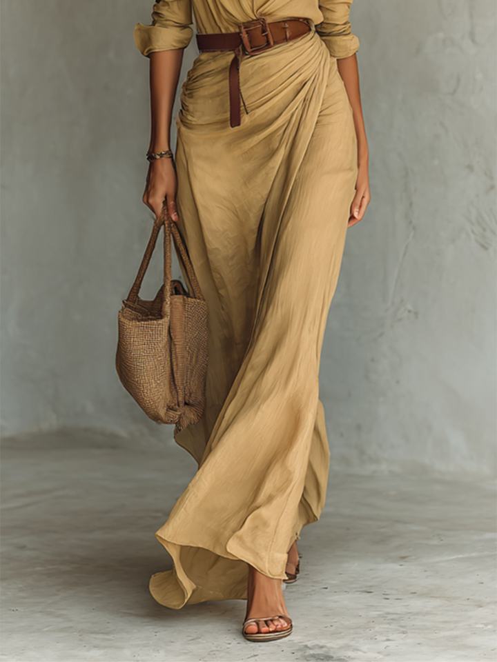 Maxi vestido com colarinho reversível de mangas longas