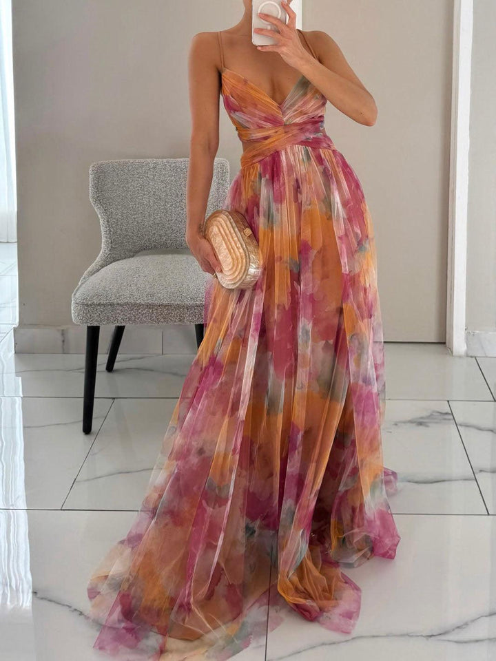 Karen | Vestido Maxi com Decote em V e Padrão de Flores Pintadas