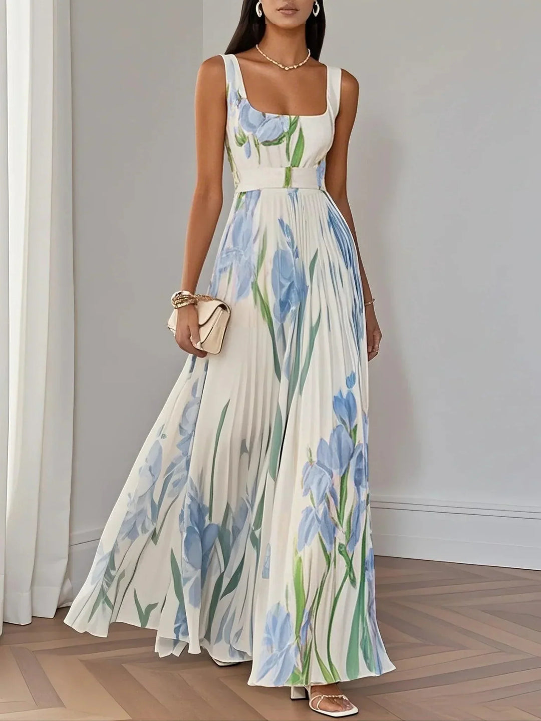 Marie | Vestido Maxi de Chiffon com Pregas Brancas