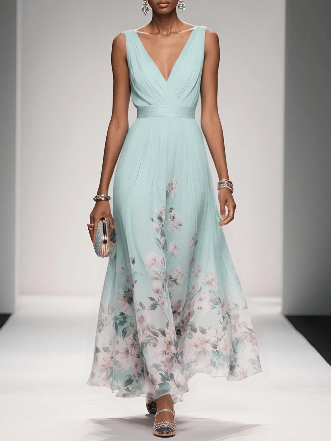 Rosa | Vestido Maxie de Chiffon Floral em Azul Claro com Decote em V