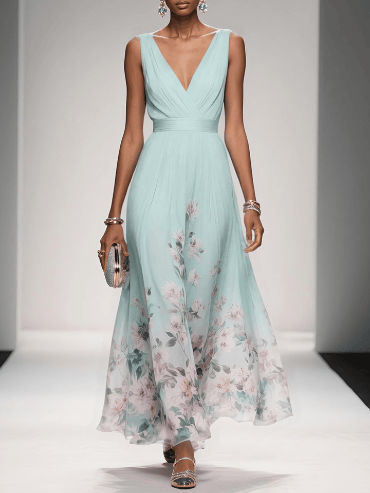 Rosa | Vestido Maxie de Chiffon Floral em Azul Claro com Decote em V