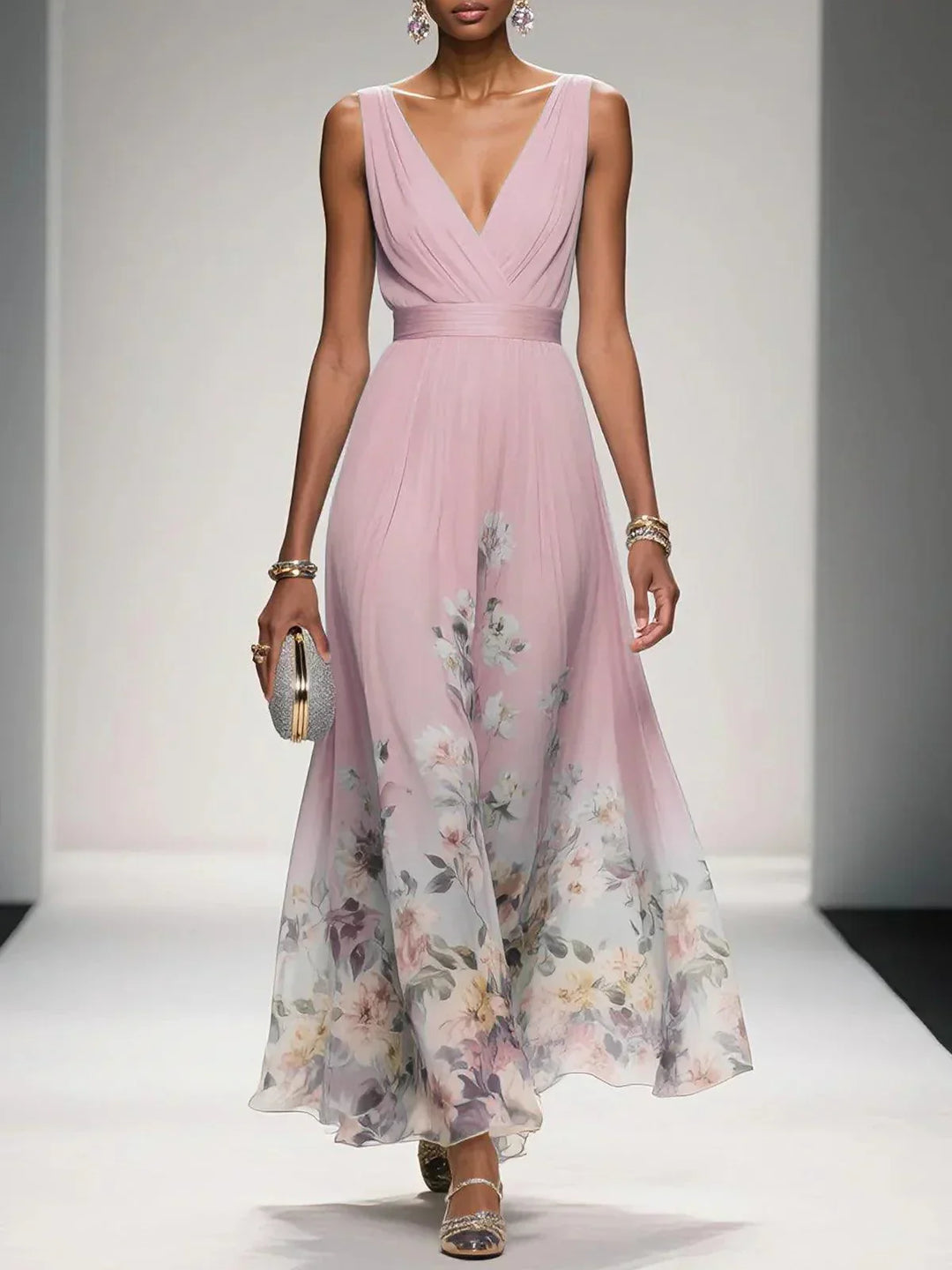 Rosa | Vestido Maxie de Chiffon Floral em Azul Claro com Decote em V
