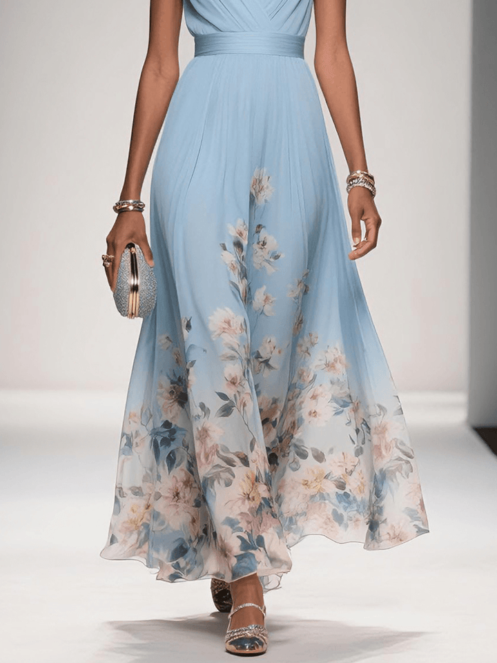 Rosa | Vestido Maxí em Chiffon Floral Azul Claro com Decote em V