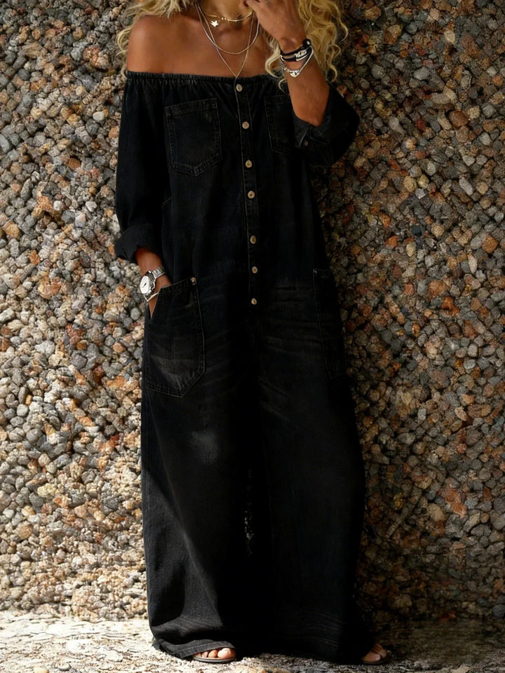 Veda - Macacão de Denim Off-Shoulder com Corte Solto