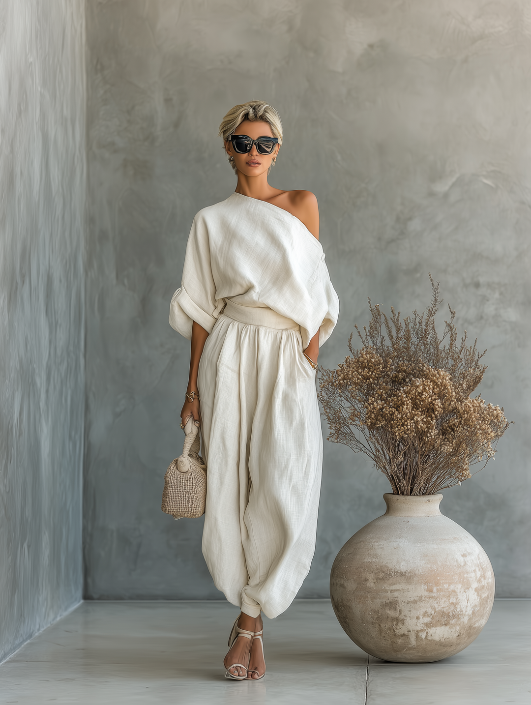 Conjunto de Linho com Top Off-Shoulder