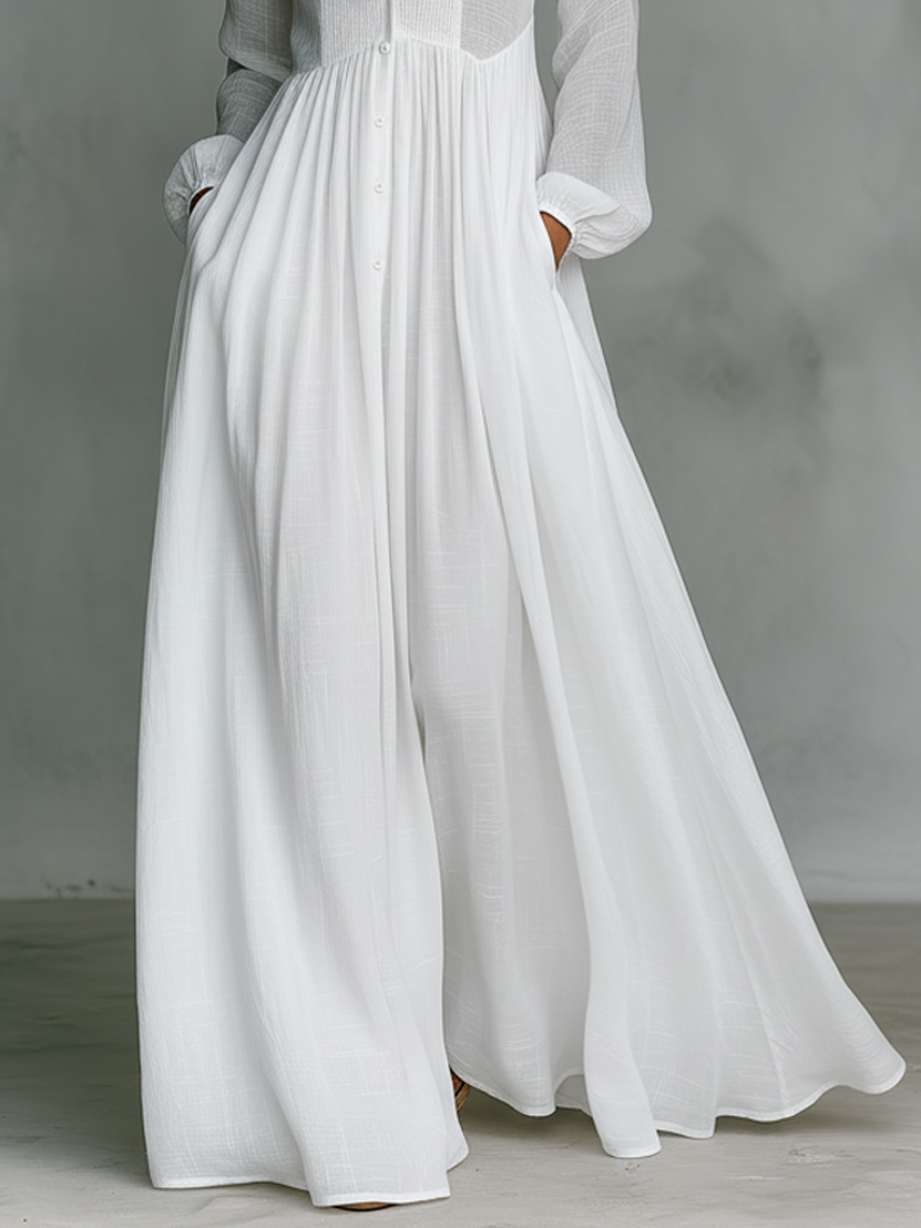 Vestido Maxi em Linho Patchwork com Gola Alta