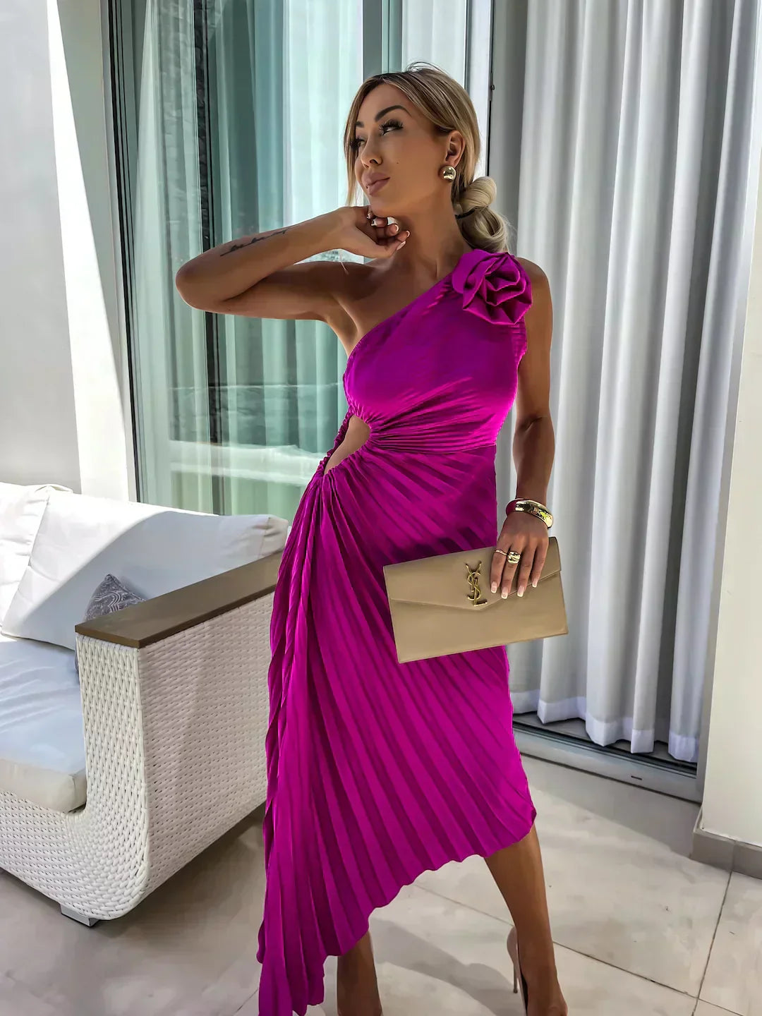 Eya™ | Elegante Maxi-Vestido com padrão floral e alça única
