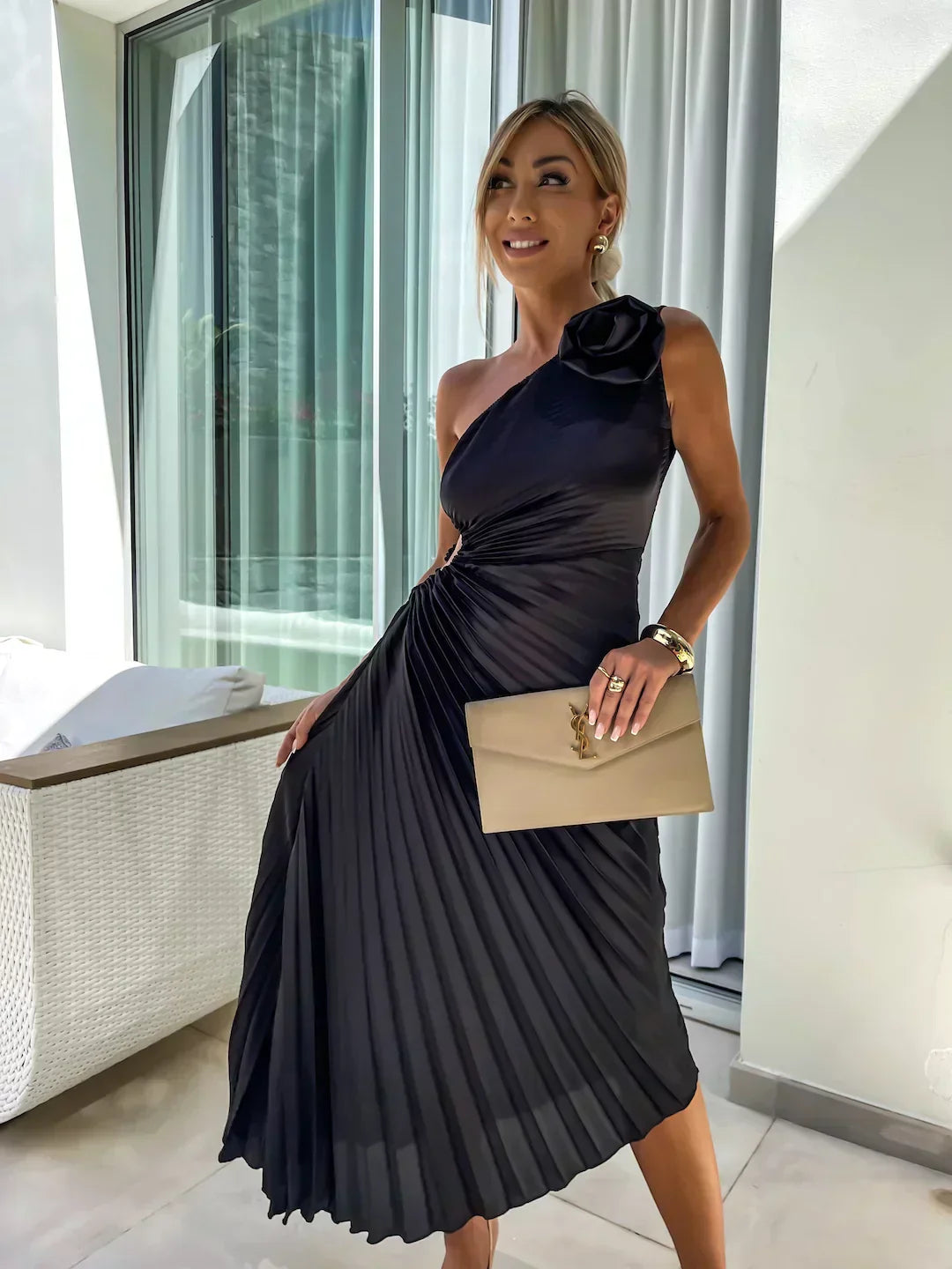 Eya™ | Elegante Maxi-Vestido com padrão floral e alça única